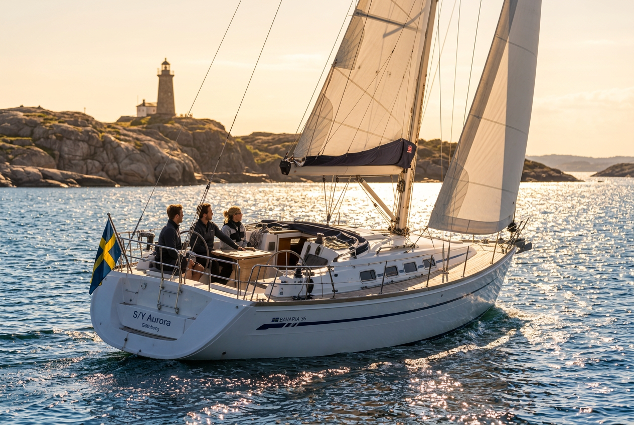 Bavaria 36 under segel i kvällsljus utanför Göteborgs skärgård